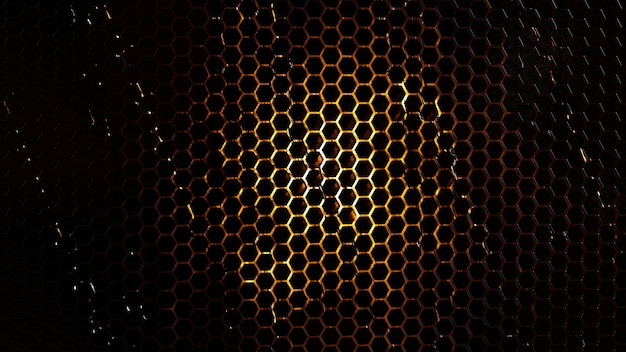 Фото Абстрактный фон из черной шестиугольной плитки с эффектом огня