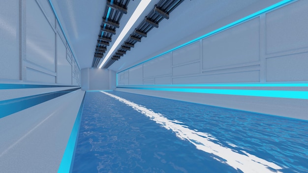 Sci fi プール トンネル モダンな未来的な宇宙船 3 d イラスト レンダリングの抽象的な背景