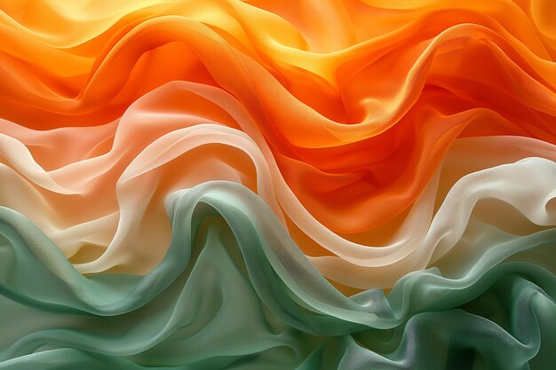 Abstract background of orange and green colored wavy silk or satin 3d render illustration