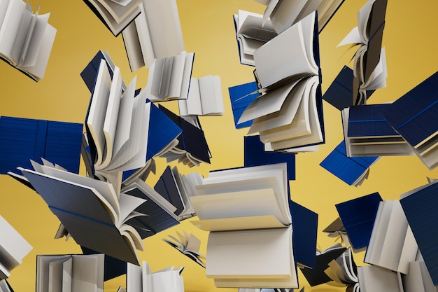 Foto sfondo astratto. modelli di libri in copertine blu sparsi su uno sfondo giallo