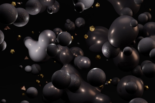 abstract background. patterns of scattered illuminated black spheres of different sizes on a black b