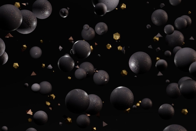 Photo abstract background. patterns of scattered illuminated black spheres of different sizes