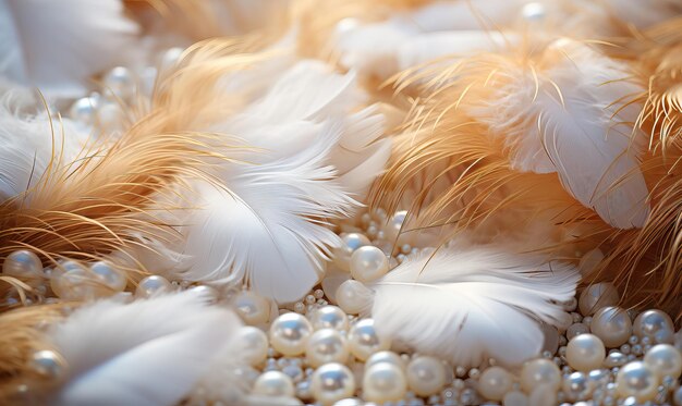 Abstract background pearls and feathers in white and cream