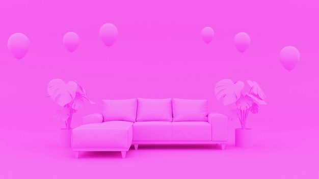 Абстрактный фон розовой комнаты с диваном 3D рендеринга