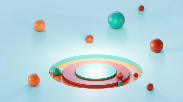 製品デザインの抽象的な背景。円柱と球のある青い表面。調和のとれたカラーバランス。 3Dイラスト。デザイントレンド