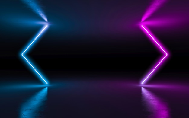 Abstract background purple and blue neon glowing lights in empty dark room with reflection.