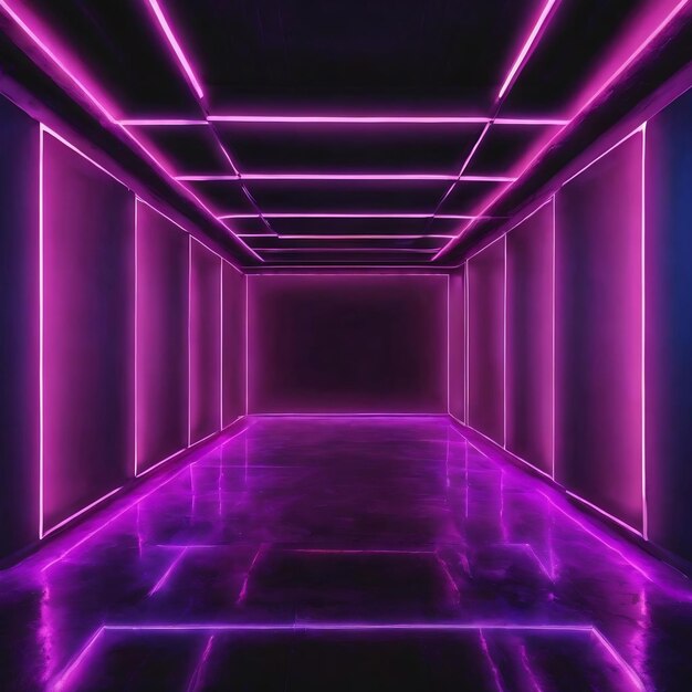 Abstract background purple and blue neon glowing lights in empty dark room with reflection