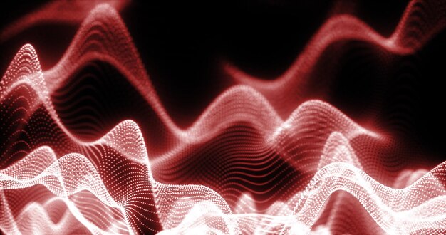 Abstract background of red futuristic glowing waves from particles of points and lines of energy