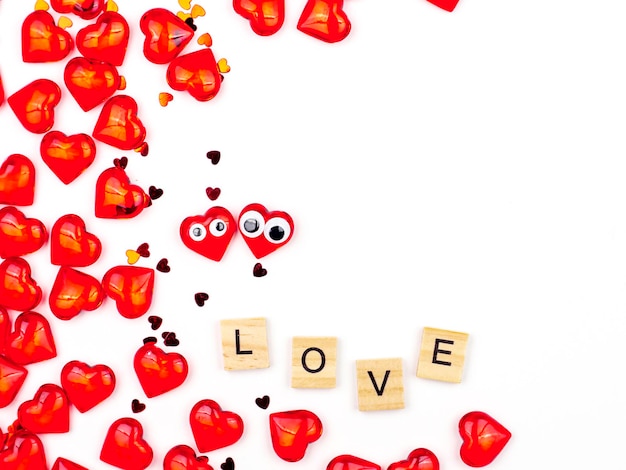 Abstract background of red hearts and the word love. concept congratulations , love