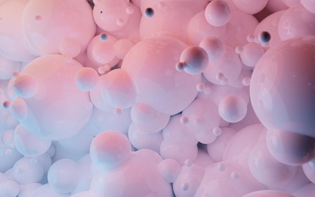 Abstract background rendering with dynamic blue pink Colorful glossy 3d spheres. Modern plastic pastel bubbles. Wallpaper banner for copy text space concept. Minimal tones reflection