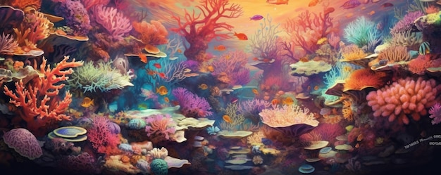 鮮やかな水中のサンゴ礁のパノラマに似た抽象的な背景