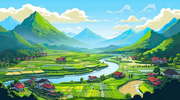 Abstract background rice terraces Mesmerizing beauty of nature's rice terraces with an artistic illustration against a green background Generative AI