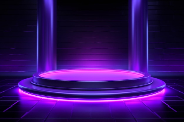 Abstract background round stage with neon lights ultraviolet light