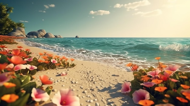 꽃이 있는 아름다운 석호가 있는 추상 배경 바다 경치 돌과 푸른 나무 파도와 꽃이 만발한 바다 모래 비용 배너 디자인을 위한 수평 그림 생성 AI