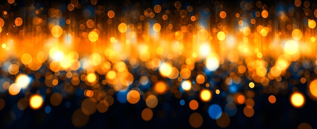 Abstract background shiny gold with defocused lights in the night garland lights bokeh on dark blue