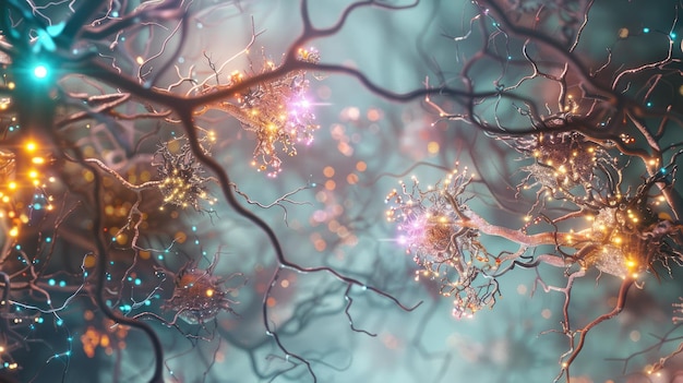 Foto lo sfondo astratto mostra le cellule neuronali e le sinapsi luminose