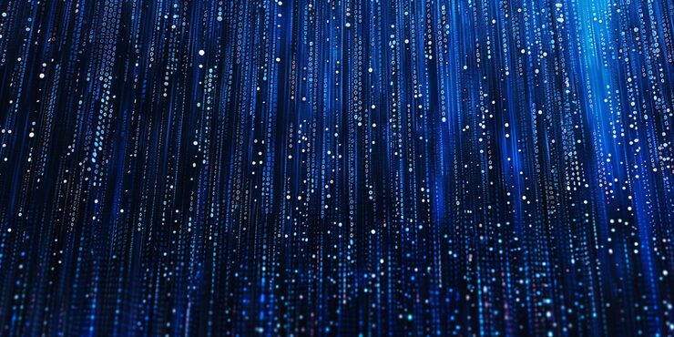 Photo abstract background showcasing binary data programming code featuring randomized segments of program code and a matrix of binary data representing the concept of digital data technology