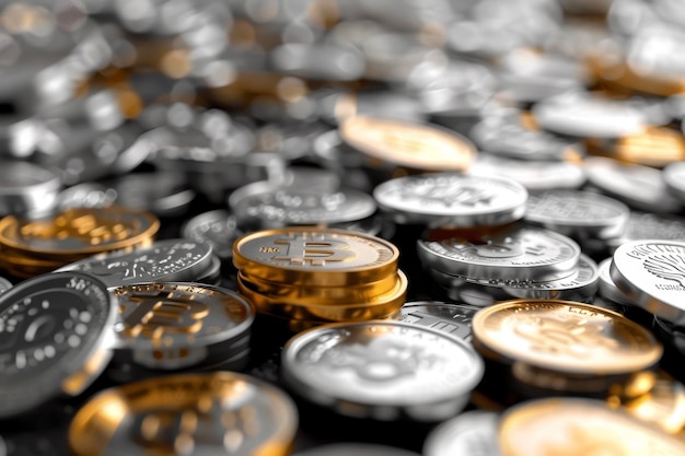 A abstract background of silver and gold coins dropping and stacking on the floor