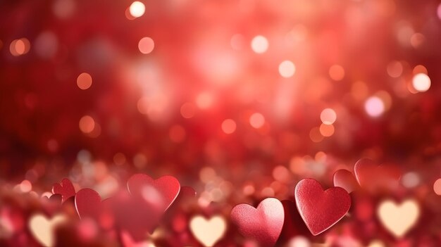 Photo abstract background for st valentine's day with red hearts and golden bokeh glitter