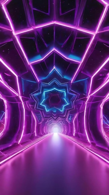 Abstract background of star shaped endless tunnel with glowing purple and blue neon lights