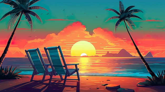 ビーチの夕日の鮮やかな色を背景として使用した、ビーチの抽象的な背景の夕日