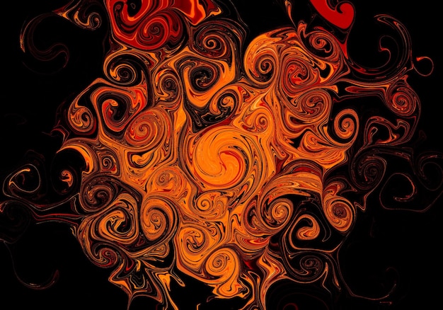 Abstract background texture of swirling orange gold fire flame
on black wallpaper