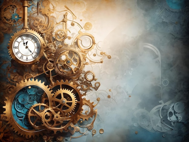 an abstract background that combines the elements of steampunk and fantasy featuring gears clocks