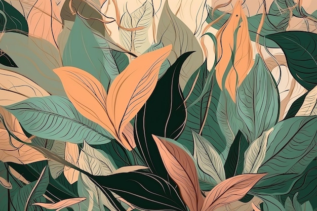 열대 녹색 및 주황색 잎의 추상 배경엽서 축하 및 포스터용 장식을 위한 아름다운 미니멀리즘 인쇄 Generative AI