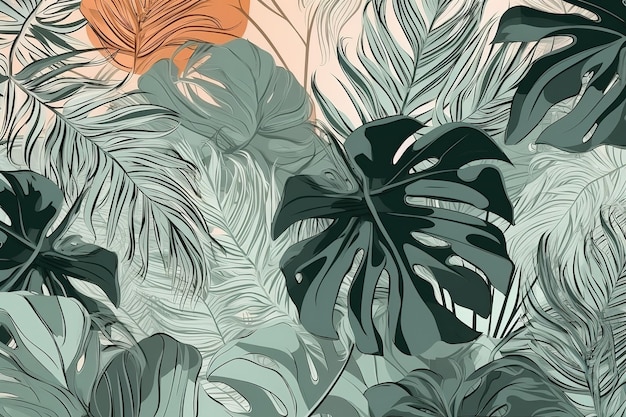 Foto sfondo astratto di foglie tropicali verdi e arancionibellissima stampa minimalista per il tuo arredamento per congratulazioni da cartolina e poster ia generativa