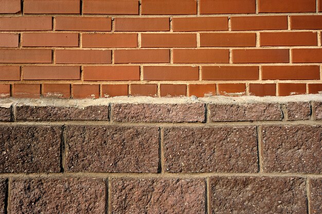 Abstract background of a wall of red brick, plaster, and stone veneer