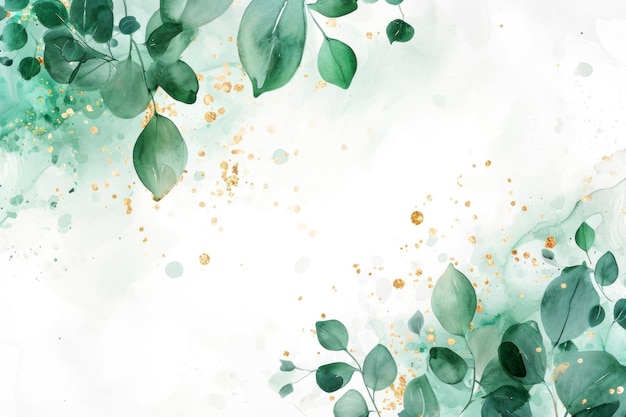 Abstract background watercolor with green leaves decorative gold drops