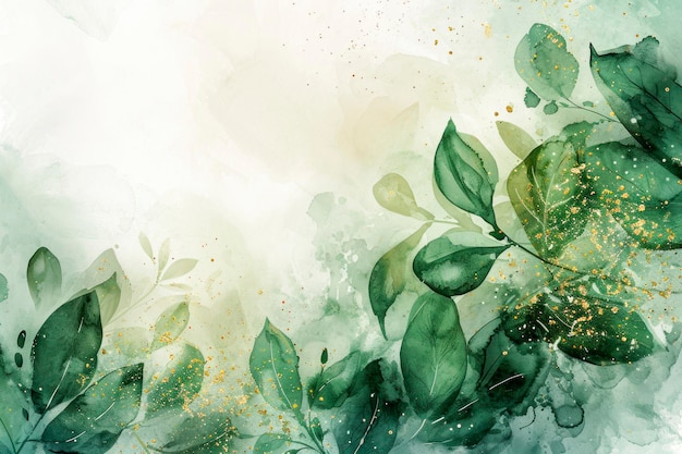 녹색 잎과 함께 추상적인 배경 수채화 장식 금 방울
