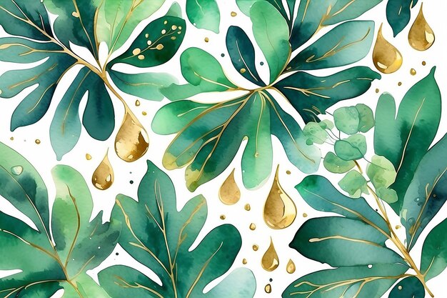 Abstract background watercolor with green leaves decorative gold drops