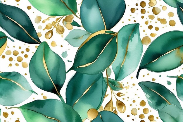 Abstract background watercolor with green leaves decorative gold drops