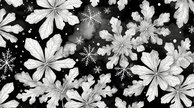 Abstract background of white snowflakes on black watercolor background Generative AI