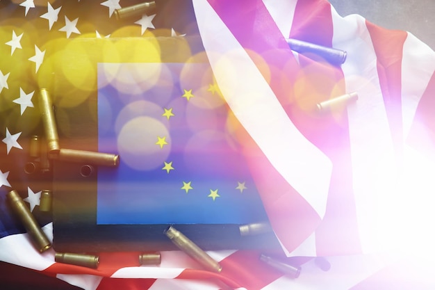 Abstract background with American flag on a gray background Militaristic background USA and European Union and bullets