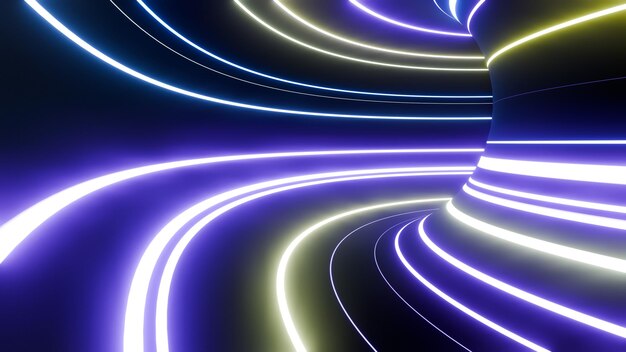 Foto sfondio astratto con linee di neon colorate ascendenti che brillano in un tunnel
