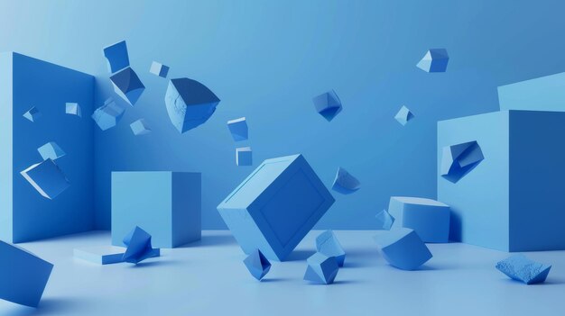 Abstract background with assorted blue geometric shapes falling or levitated Wallpaper for the minimalist home