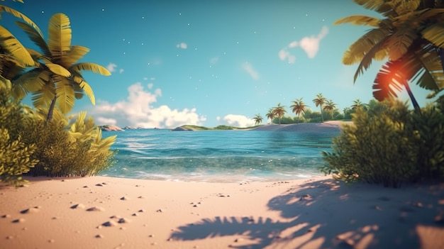 Абстрактный фон с красивым морским пляжем в мягком солнечном свете Морской пейзаж лагуны с пальмами океанские водные растения и обои береговой линии Горизонтальная иллюстрация для дизайна баннера Генеративный искусственный интеллект