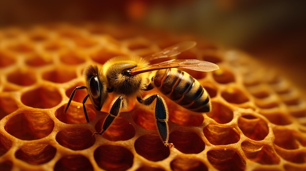 Sfondo astratto con ape su celle a nido d'ape in colori dorati l'ape lavora in vista ravvicinata carta da parati moderna per apicoltura e apicoltura illustrazione orizzontale per la progettazione di banner ia generativa
