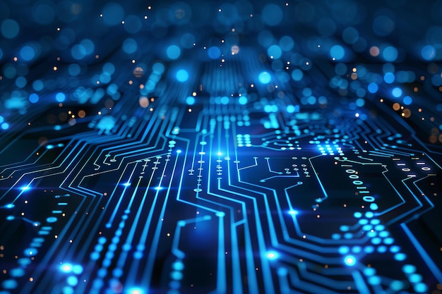 Abstract background with blue circuit board lines and binary code on dark background technology con