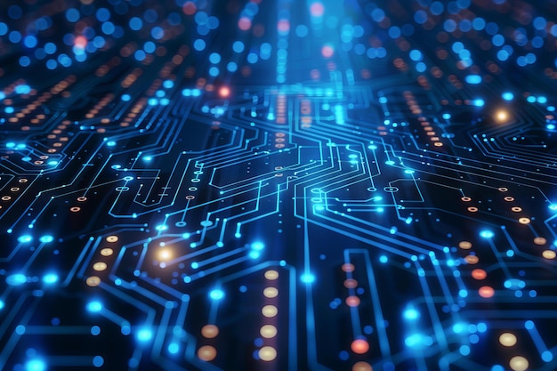 Abstract background with blue circuit board lines and binary code on dark background technology con