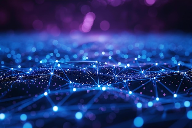 abstract background with blue digital connections in the form of neural networks and data transfer o