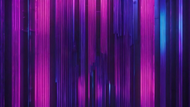 Abstract background with blue and purple neon vertical lines with geometric pattern surfaces above a