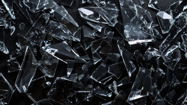 Фото Абстрактный фон с разбитыми прозрачными кусками стекла в виде поддельных кристаллов и драгоценных камней на темной поверхности