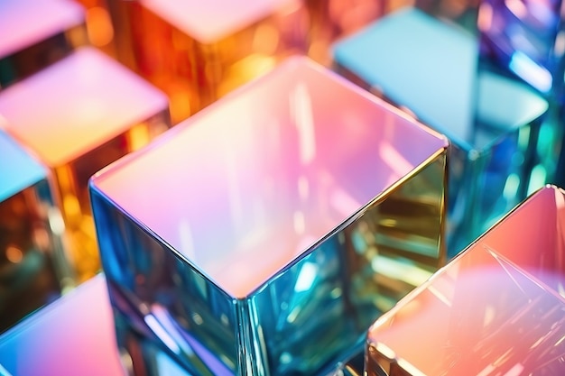 Abstract background with closeup shot of glossy crystal block with multicolored generative ai