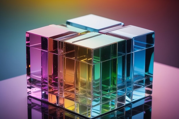 Photo abstract background with closeup shot of glossy crystal block with multicolored gradient reflection on blurred mirror surface