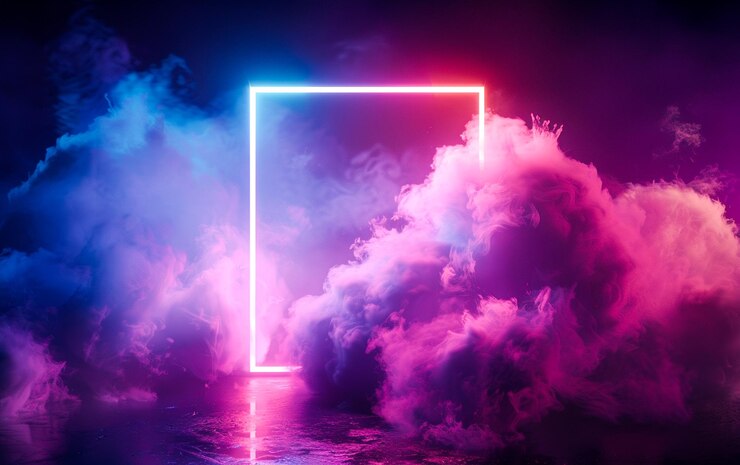 Photo abstract background with colorful light3d render glowing blue square frame in the clouds