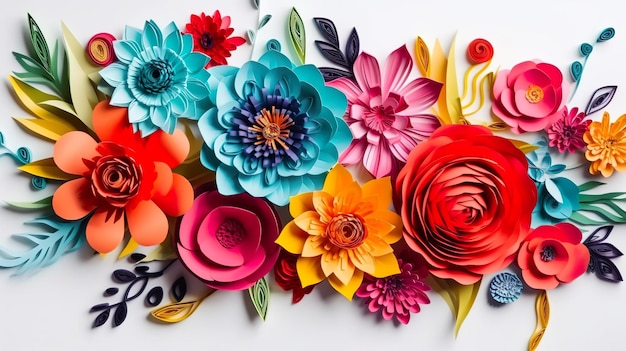 Abstract background with colorful paper cut flowers and leaves in quilling style Summer or spring blooming bouquet botanical wallpaper Horizontal illustration for banner design Generative AI