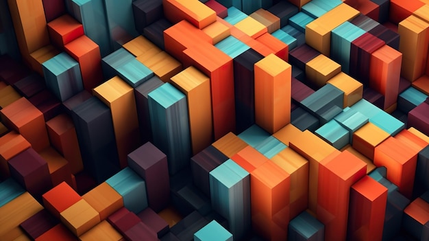 Абстрактный фон с красочными деревянными блоками геометрической текстуры Архитектурные обои с композицией оранжевых и синих прямоугольников Горизонтальная иллюстрация для дизайна баннеров Генеративный AI